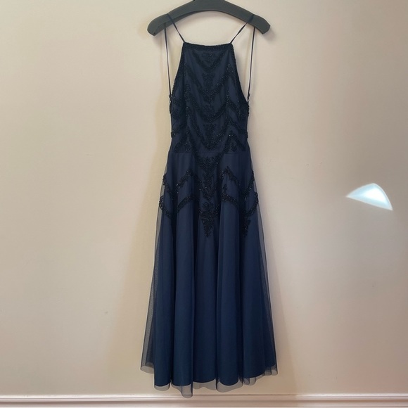 NWOT‎ ASOS Design  navy blue tulle dress with black beading and open back - Picture 5 of 9